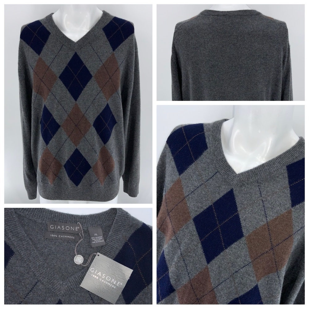 Giasone V-Neck Argyle Sweater XL Men Gray 100% Cashmere NWT YGI N4-28